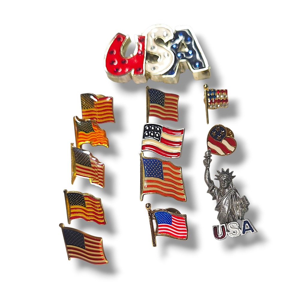 Vintage USA Flag Pin Lot American Flag Brooch Mix Patriotic Enamel Rhinestone
